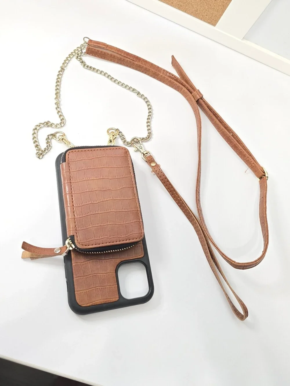 Brown Croc-Embossed Crossbody Phone Cover Wallet